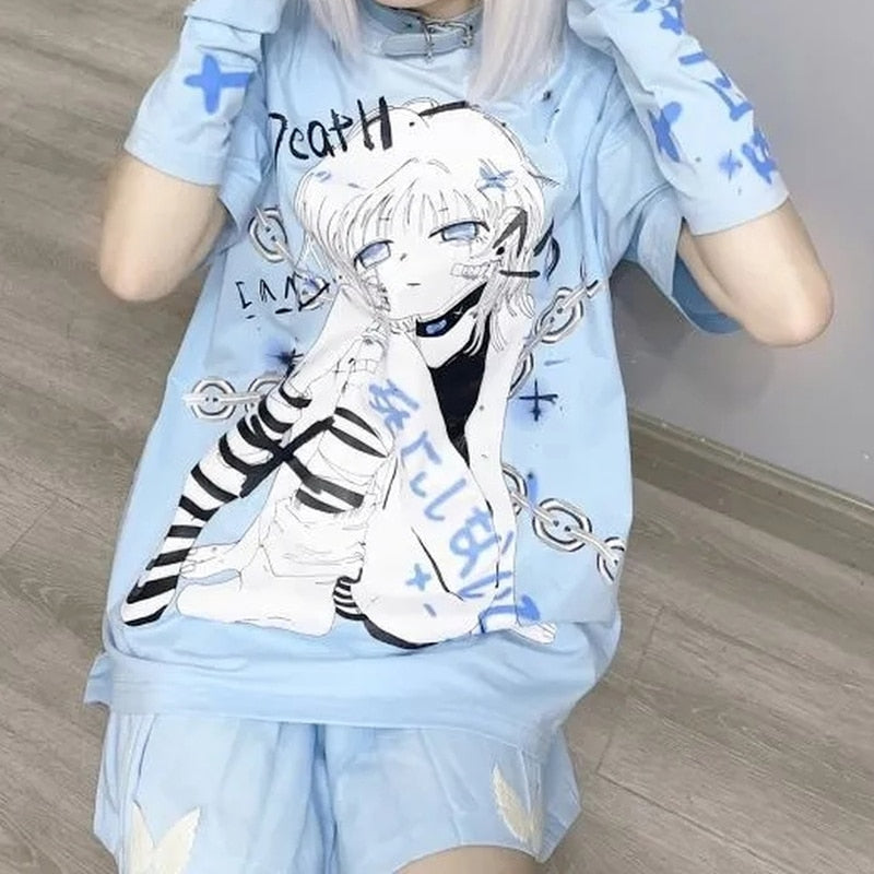 Anime Graphic T Shirts Goth with Split Sleeves Fashion Kawaii Cute T-shirt Women
