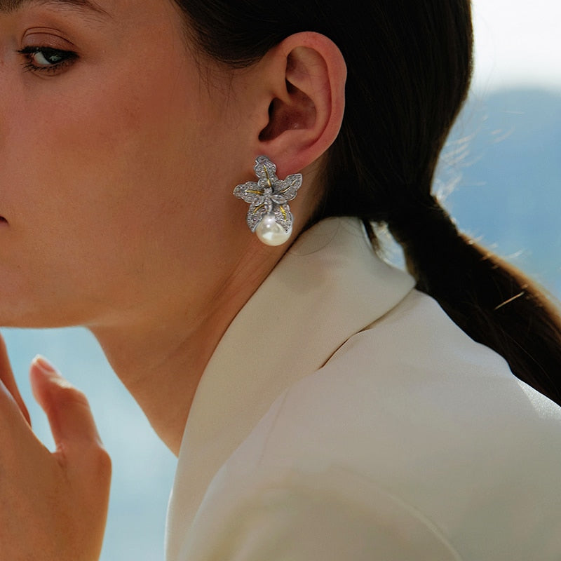Huitan Gorgeous Flower Imitation Pearl Earrings Women Luxury Inlaid Sparkling CZ Stone