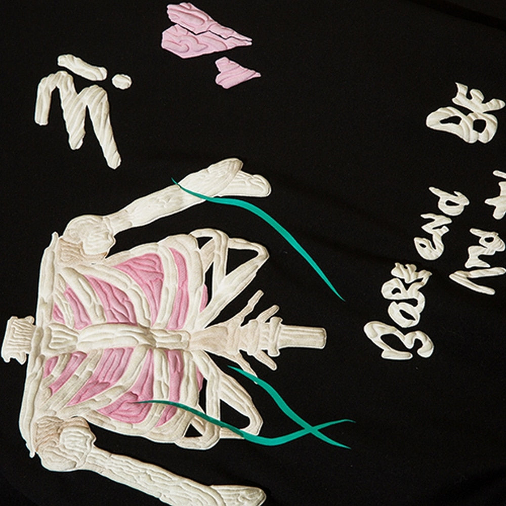 Men Hip Hop Street Funny Skeleton Bone Puff Print Pullover Cotton Oversized