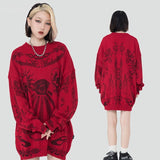 Hip Hop Gothic Oversized Sweater Knitted Streetwear Vintage Skeleton Skull Rose Print Ripped Punk