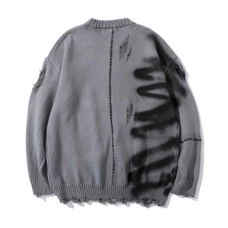 Luxury Graffiti Hip Hop Pullover Hole Oversize Sweater Men Fashion Vintage