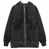 Anime print Gothic Streetwear Long Sleeve Black Zip Hoodie