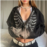 Hot-selling Skeleton Printing Women Long Sleeve Zipper Jacket Loose Streetwear Pullover