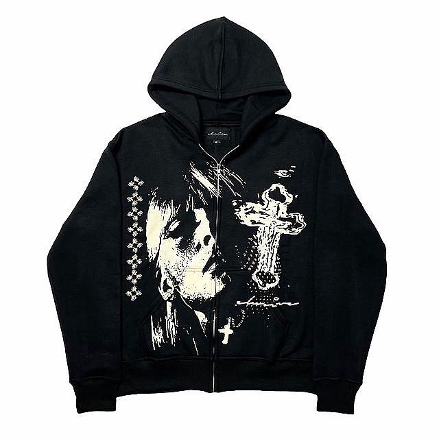New black loose zipper hoodie men American cross head print street Harajuku oversized sweatshirt Y2K punk