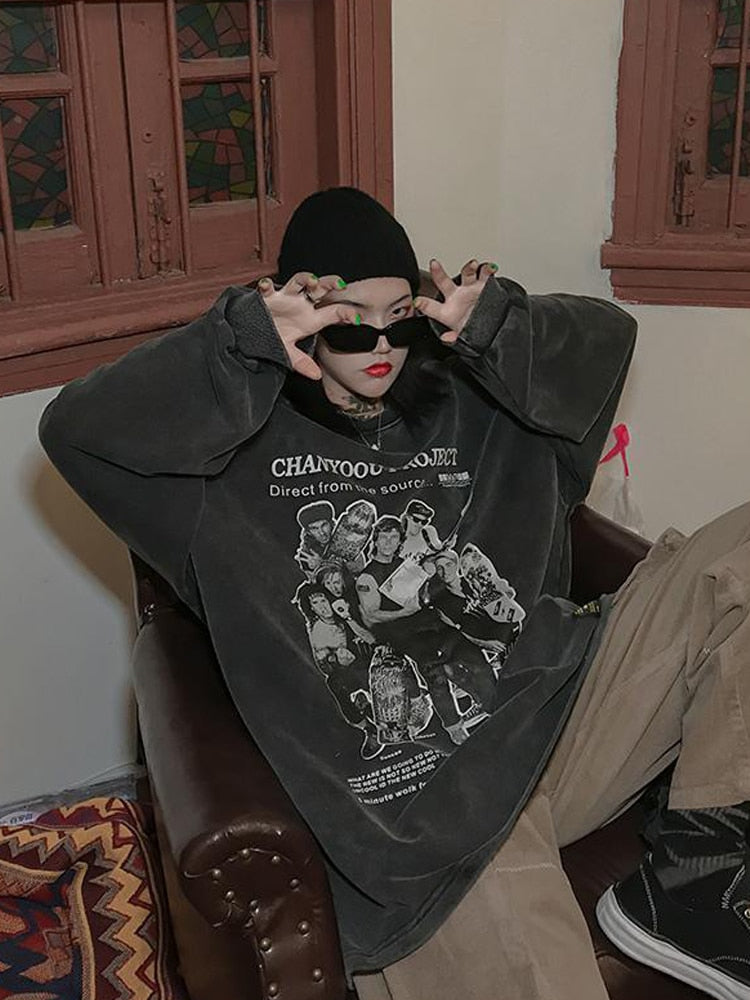 Grunge Vintage Gray Women Hoodies Y2K Aesthetic Harajuku Streetwear Oversized Print Long Sleeve