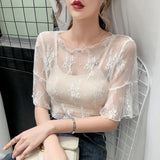 Sexy Mesh Top Women's Perspective Lace Basic Shirt with Flare Sleeve Summer Chiffon Hollow Out Wholesale