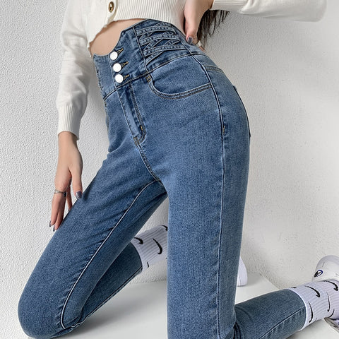 Pencil Jeans Four Buttons Vintage High Waist Women Slim Stretch Denim Pants