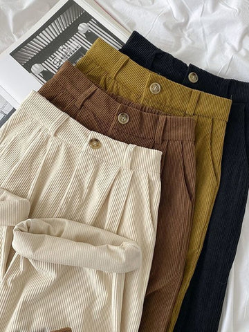 Retro Corduroy Pants Fall Straight Causal Full Length Trousers Coffee Pockets
