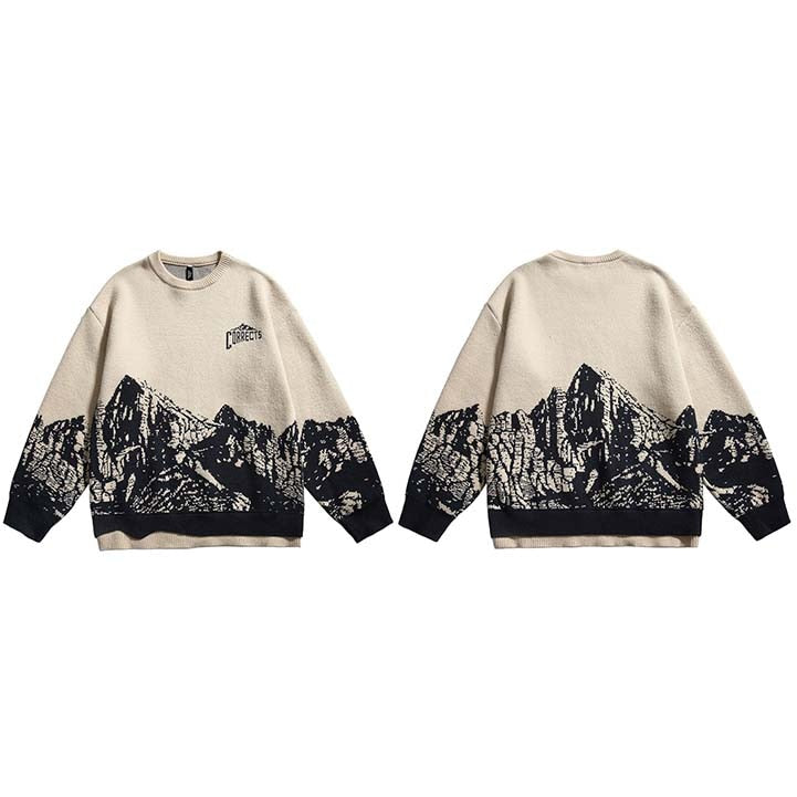 Retro Mountain Graphic Knitted Harajuku Pullover Casual Cotton Hip Hop
