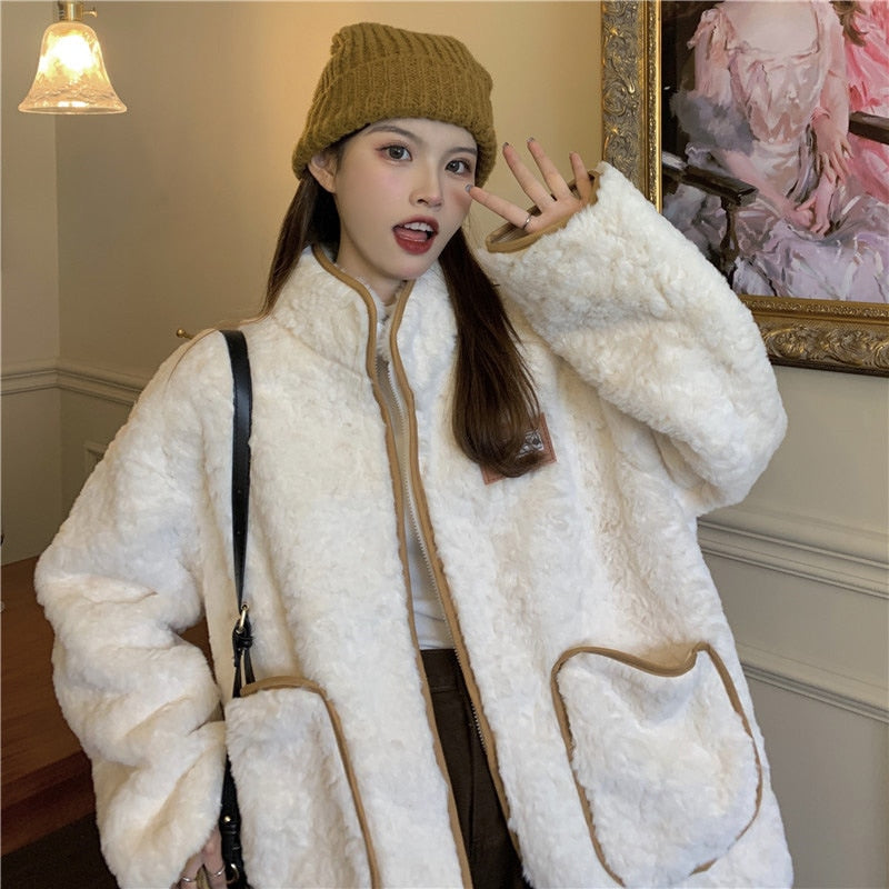 Winter Women Chic Furry Lambswool Outwear Kawaii