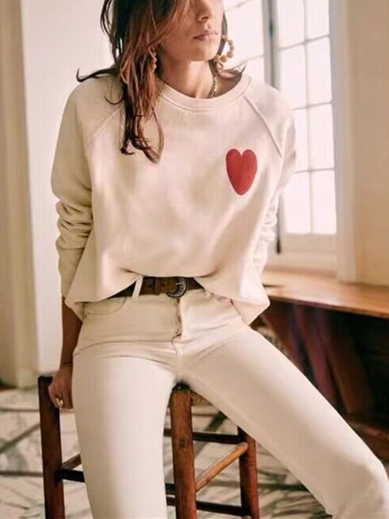 Women's Fresh Heart Printed O-neck Long Sleeve Cotton Sweatshirt Pullover
