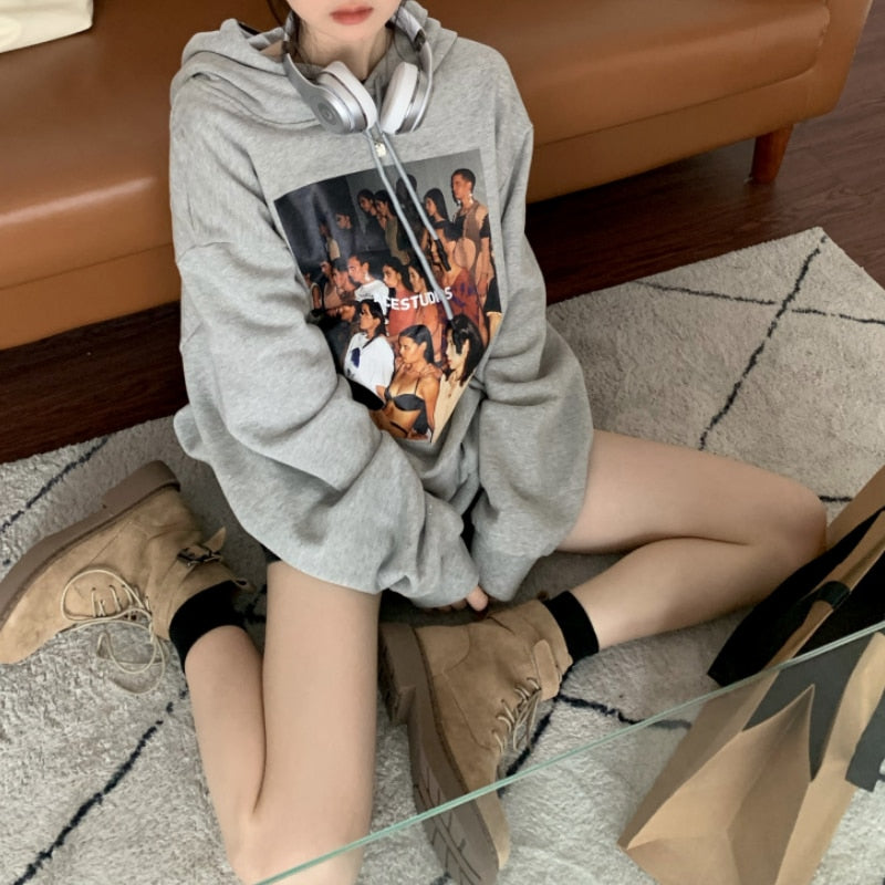 Grey Hoodie Women Sweatshirt Vintage Printing, Korean Fashion Casual Y2K Style, Long Sleeve, Autumn Female Pullover Tops