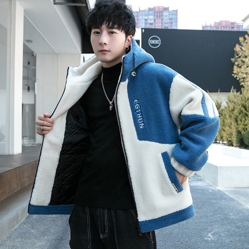 Autumn Korean Grain Wool Coat Hooded Youth Lamb Wool Coats Men Clothing