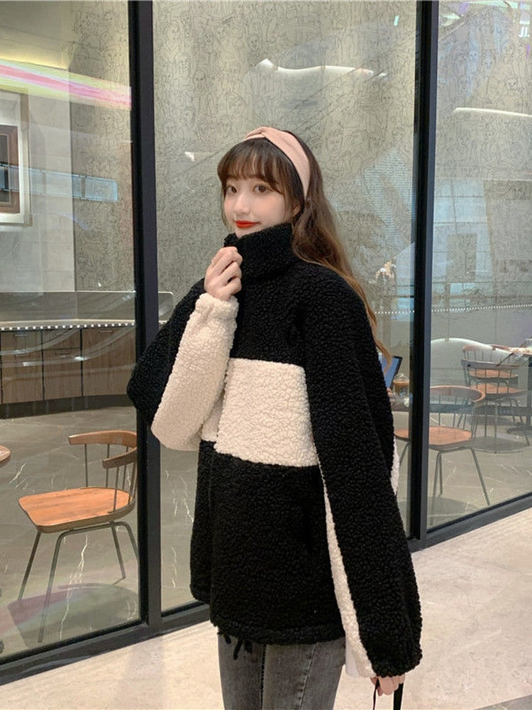 Deeptown Korean Style Oversized Zip-up Warm Thick Lamb Fleece