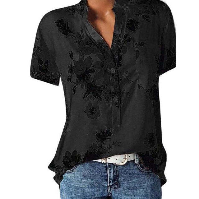 Elegant womens printing large size casual shirt vneck blouse