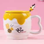 Cute little bee honey jar ceramic mug with lid spoon cup