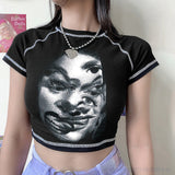 Human Face Printed Vintage Graphic Top Short Sleeve