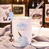 Cute Cartoon Mug Couple Models Spoon Straws With Lids