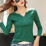 T-Shirt Women Long Sleeve Button V-Neck Bamboo Cotton