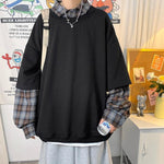 Crewneck Sweatshirt Men Patchwork Japanese Streetwear Solid Color