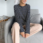 T-Shirt Women Long Sleeve Striped O-Neck Casual Cotton