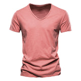 Men T-shirt V-neck Slim Fit Soild Tops Tees Short Sleeve