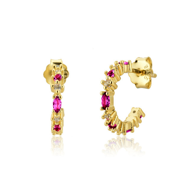 Sterling Silver Rose Red color Zircon Hoop Earrings for Women Minimalist Gold Earrings Jewelry